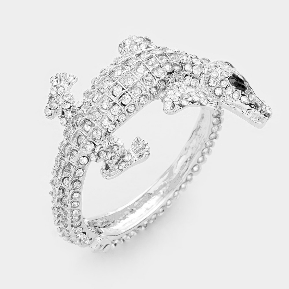 Silver Clear Rhinestone Alligator Crocodile Cuff Bracelet Reptile Bling Jewelry